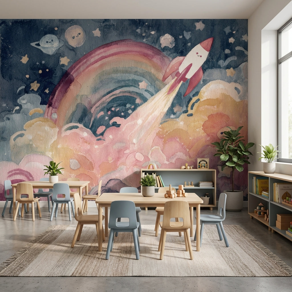Roket ve Gökkuşağı Poster Duvar Kağıdı Pastel Çocuk Odası