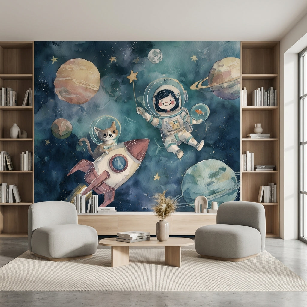 Astronot ve Gezegenli Poster Duvar Kağıdı Lacivert Çocuk Odası