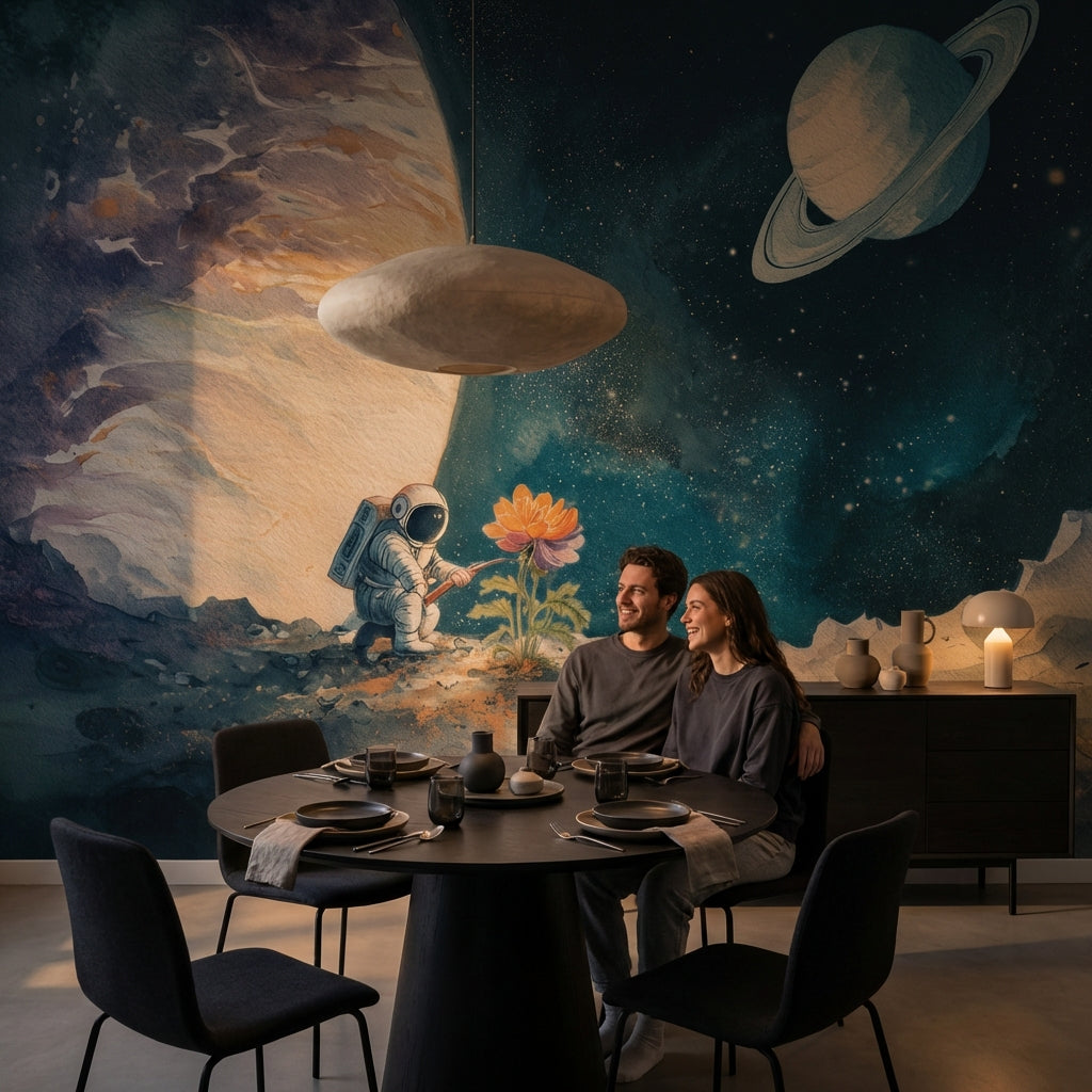 Astronot ve Gezegen Poster Duvar Kağıdı Çocuk Odası Mavi