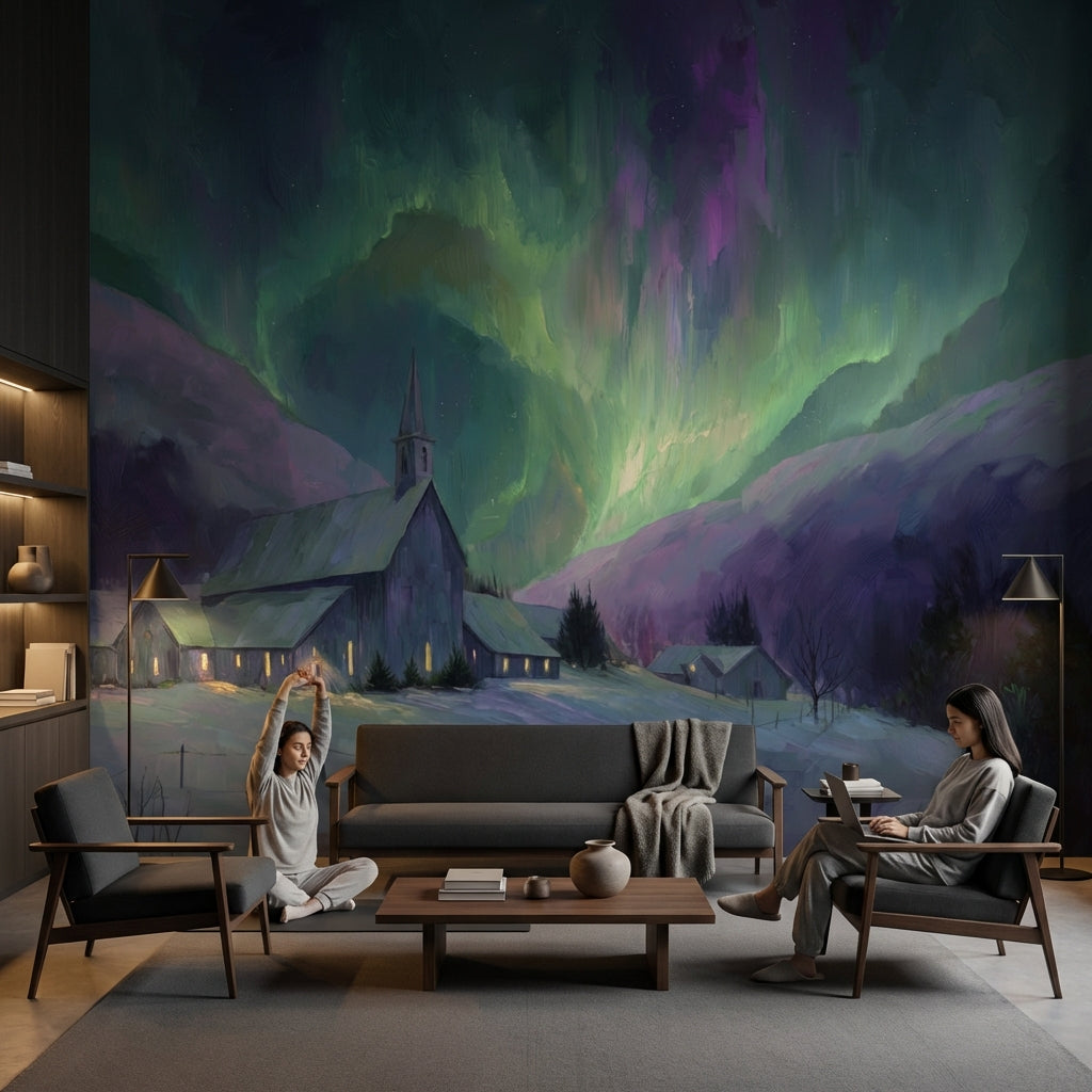 Kuzey Işıkları Manzaralı Poster Duvar Kağıdı Yeşil Mor Salon