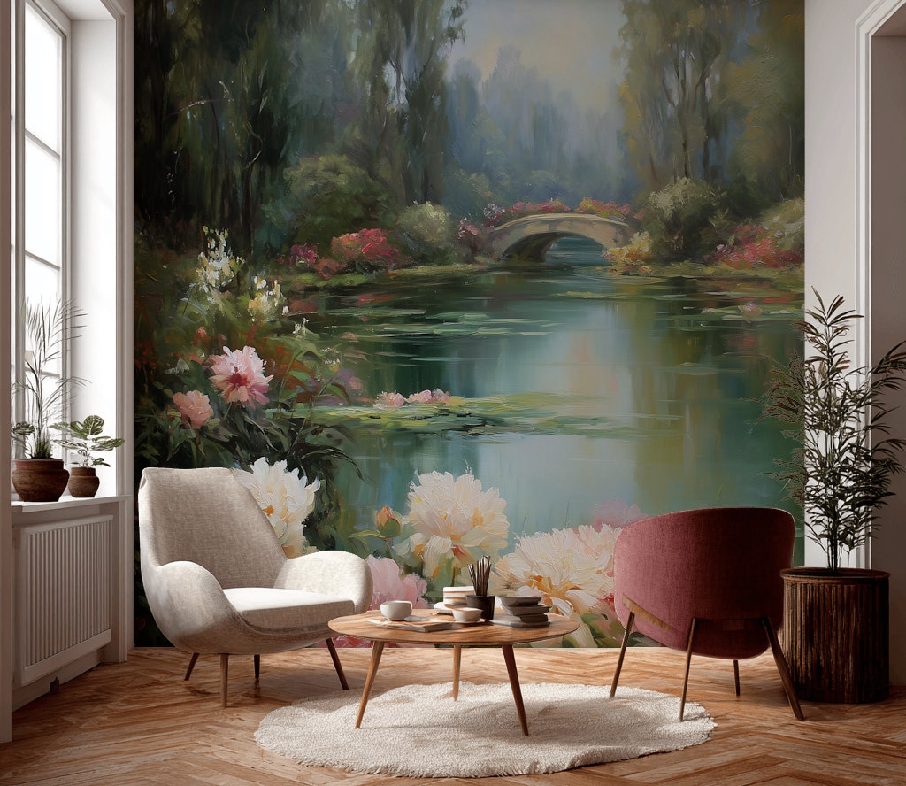 Nilüferli Göl Manzarası Poster Duvar Kağıdı Yeşil Salon