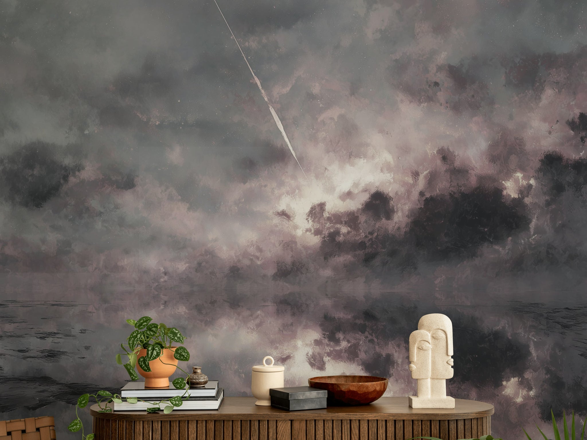 Soyut Bulut Desenli Poster Duvar Kağıdı Füme Pembe Salon