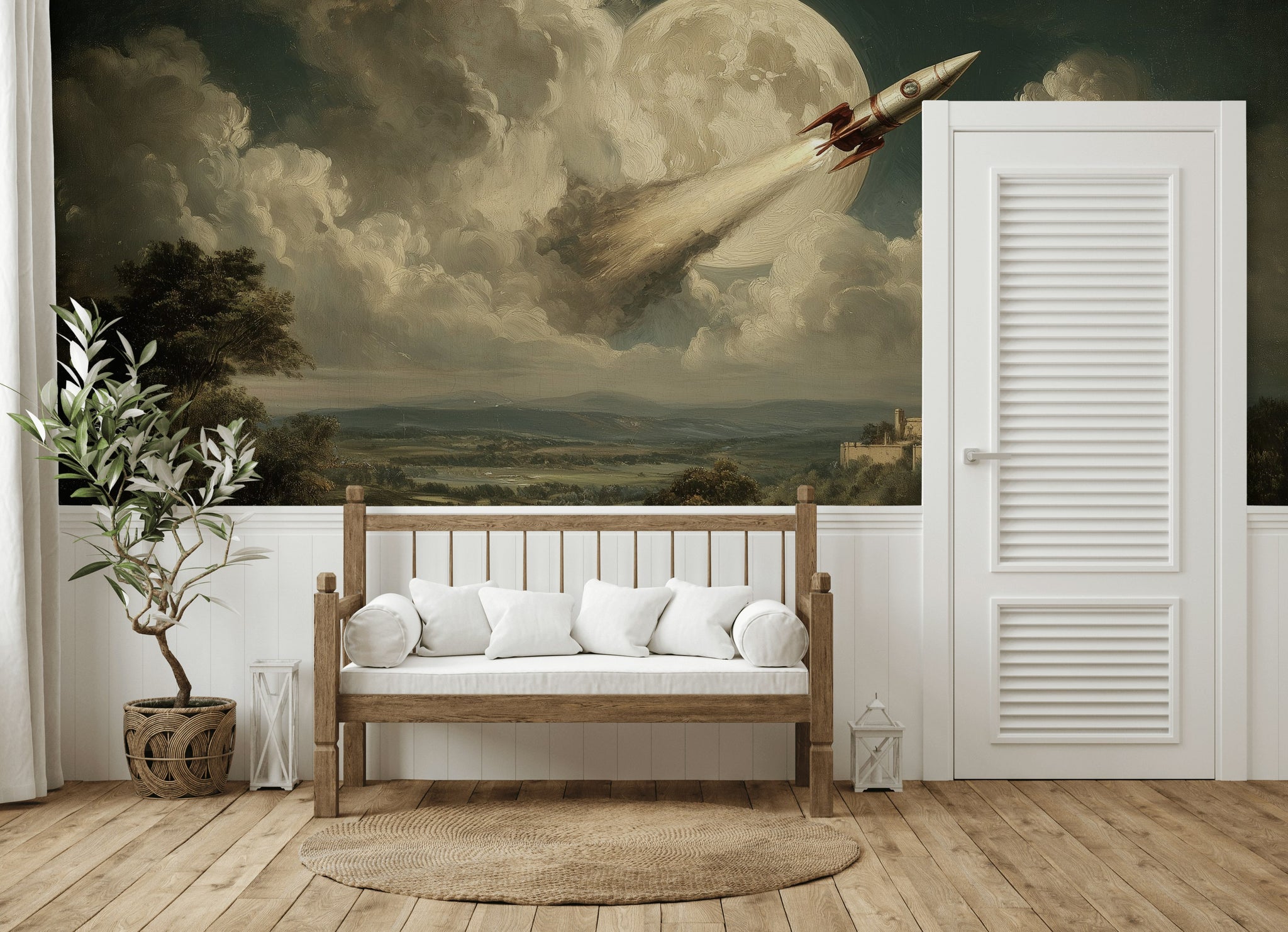 Roket ve Dolunaylı Poster Duvar Kağıdı Fantastik Manzara Salon