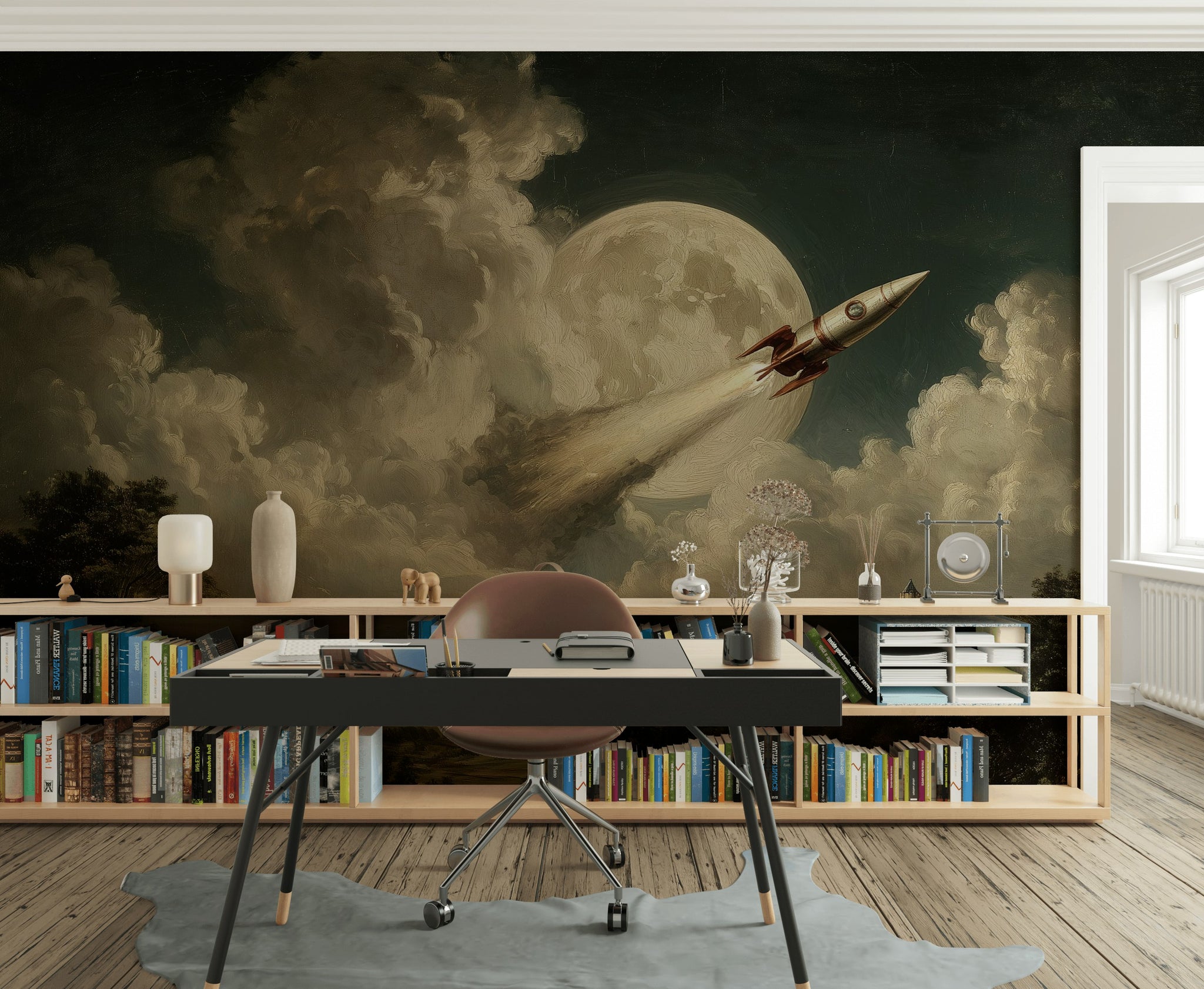 Roket ve Dolunaylı Poster Duvar Kağıdı Fantastik Manzara Salon