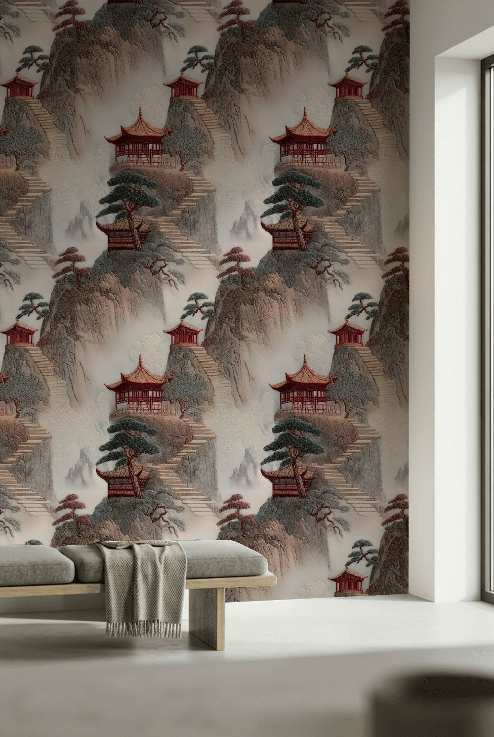 Uzak Doğu Pagoda Manzaralı Duvar Kağıdı Bej Kırmızı Salon