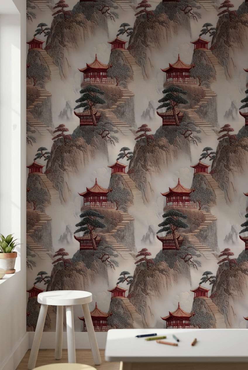 Uzak Doğu Pagoda Manzaralı Duvar Kağıdı Bej Kırmızı Salon