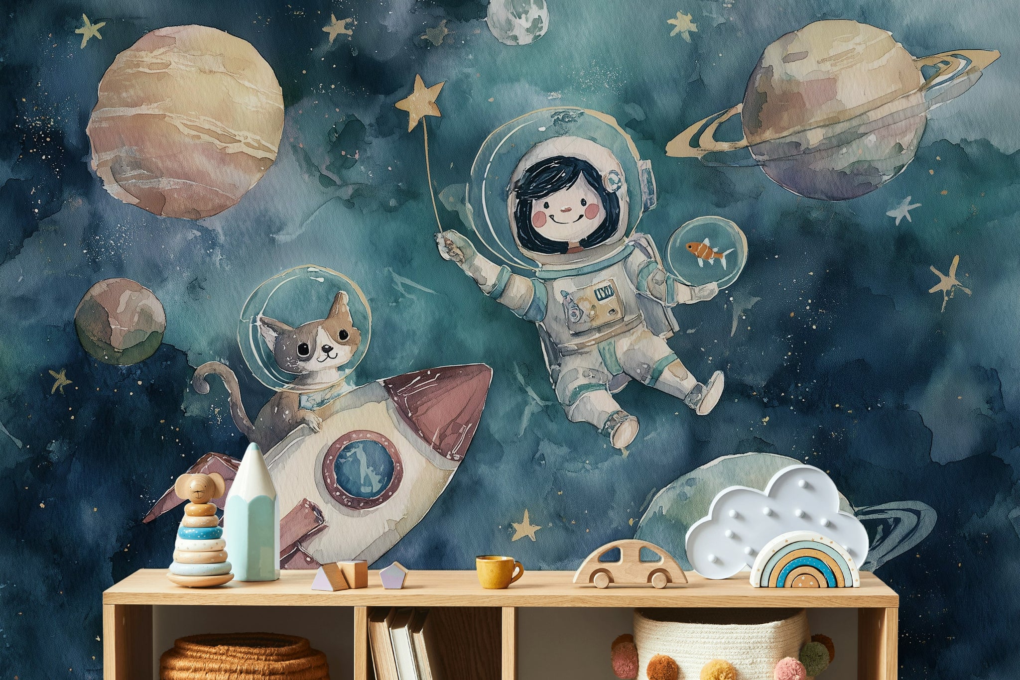 Astronot ve Gezegenli Poster Duvar Kağıdı Lacivert Çocuk Odası