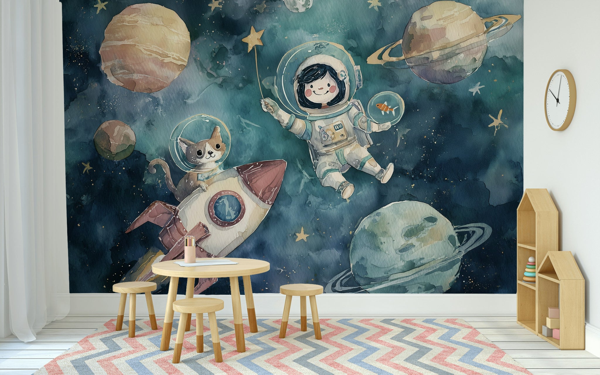 Astronot ve Gezegenli Poster Duvar Kağıdı Lacivert Çocuk Odası