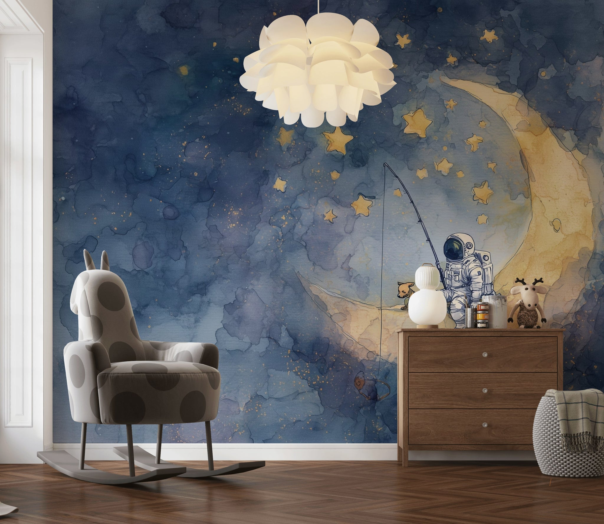 Astronotlu Ay ve Yıldızlı Poster Duvar Kağıdı Çocuk Odası