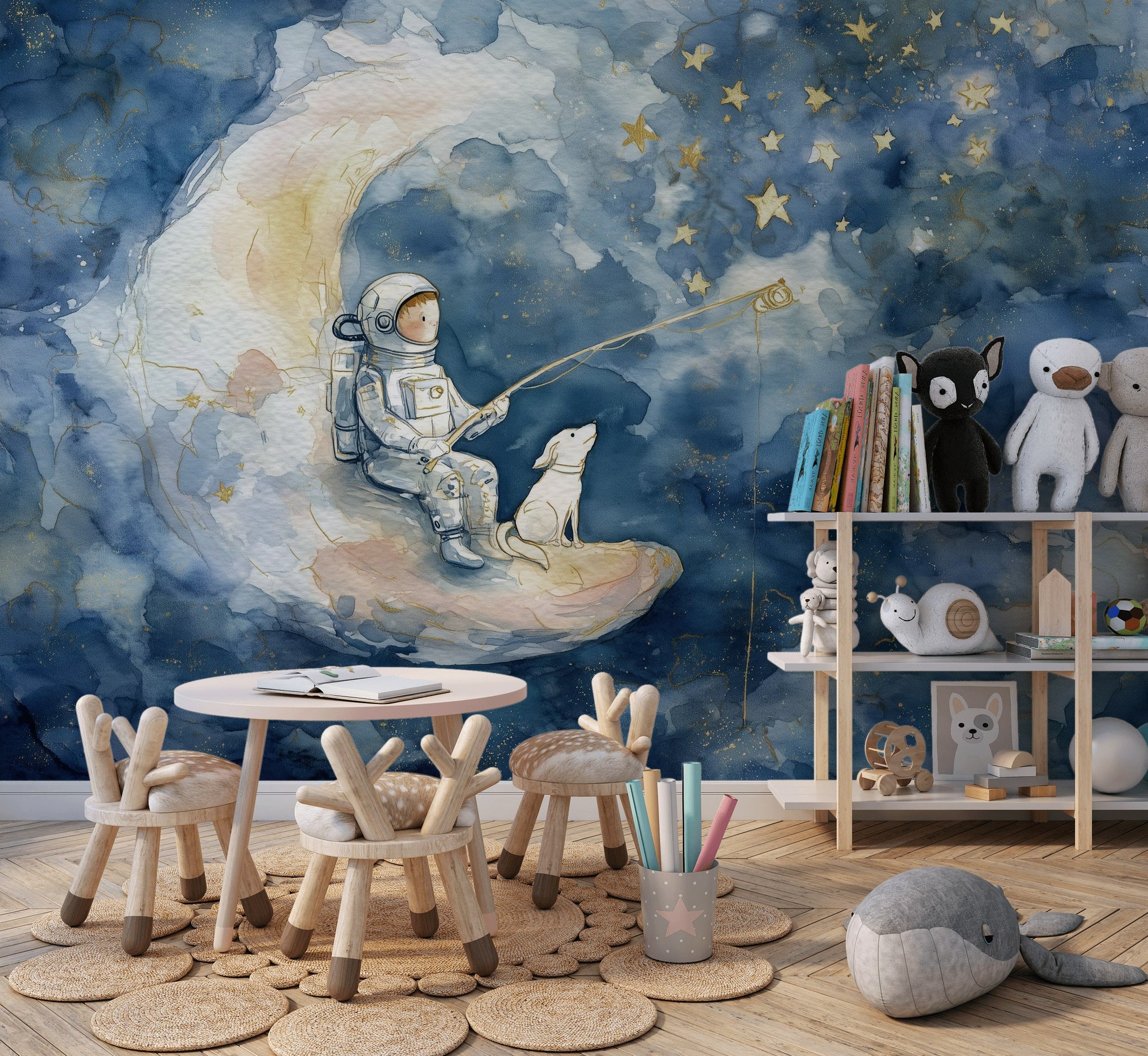 Astronot ve Ay Poster Duvar Kağıdı Lacivert Çocuk Odası