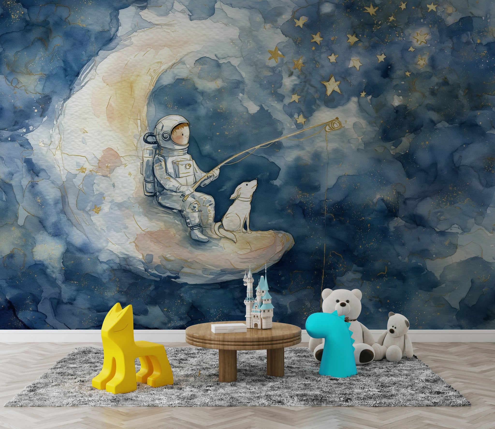 Astronot ve Ay Poster Duvar Kağıdı Lacivert Çocuk Odası