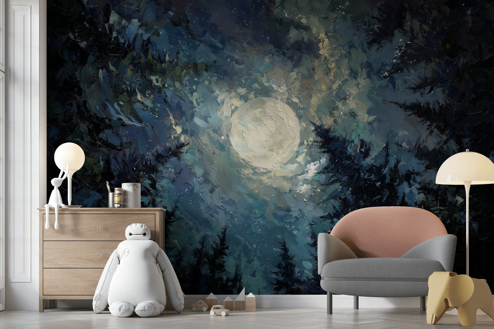 Soyut Ay Işığı Poster Duvar Kağıdı Lacivert Gece Tonları Salon