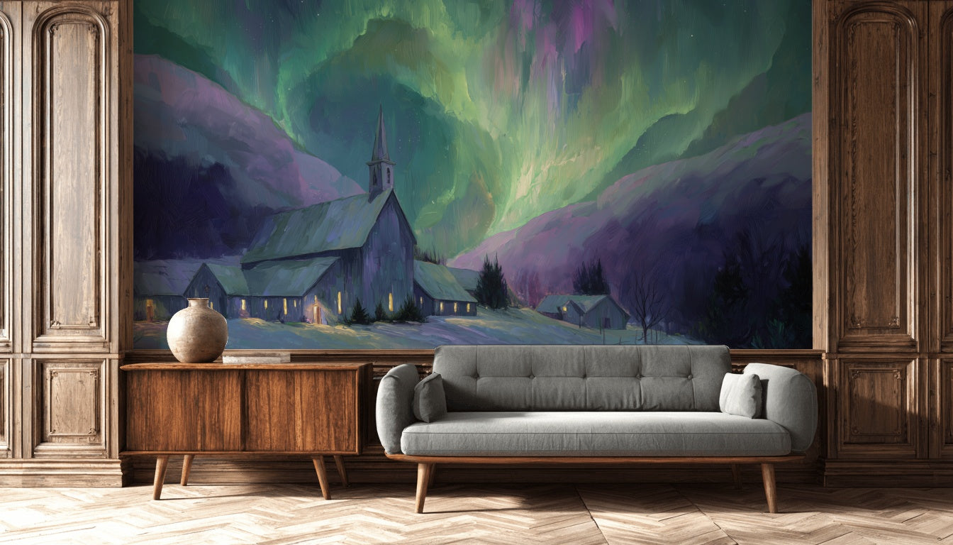 Kuzey Işıkları Manzaralı Poster Duvar Kağıdı Yeşil Mor Salon