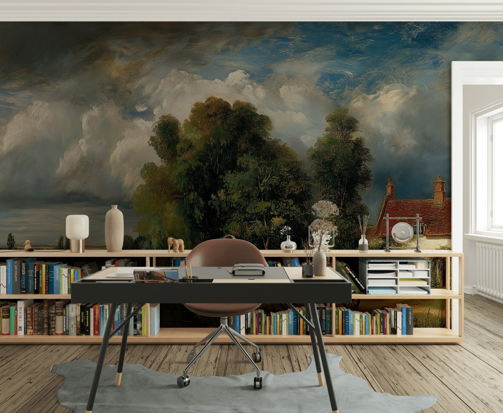 Kır Evi Manzaralı Poster Duvar Kağıdı Bulutlu Gökyüzü Salon