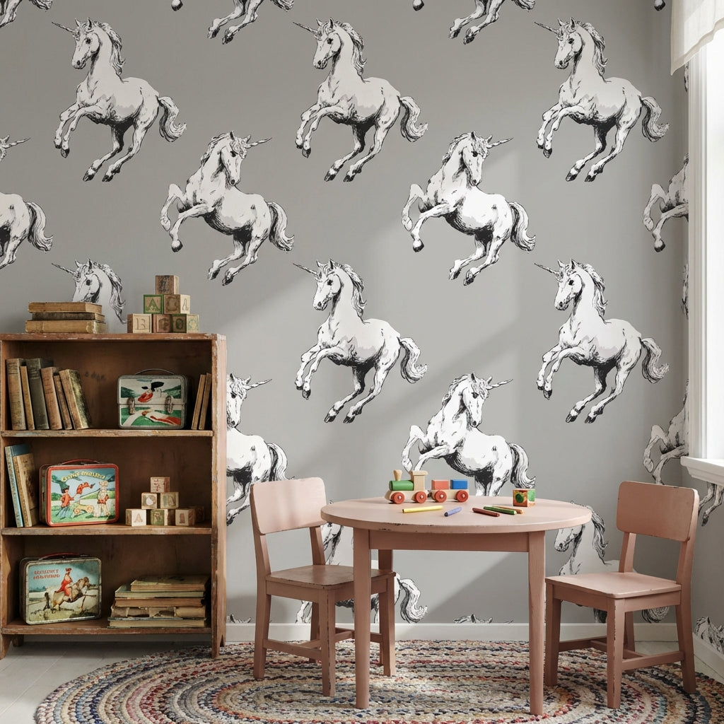 Unicorn Desenli Duvar Kağıdı Gri Zemin Çocuk Odası