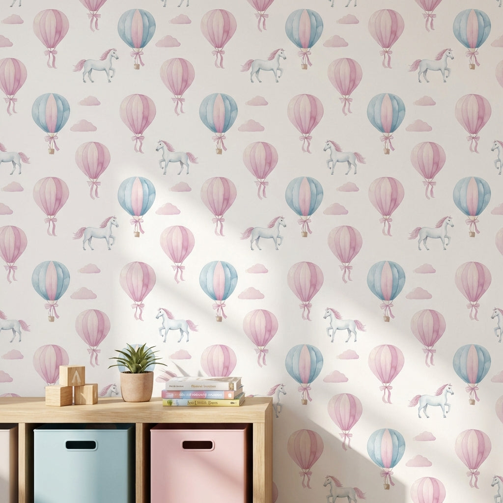 Uçan Balon ve Unicorn Desenli Duvar Kağıdı Pastel