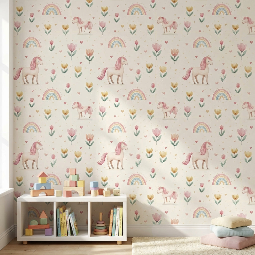 Gökkuşağı Unicorn Desenli Duvar Kağıdı Pastel Çocuk Odası