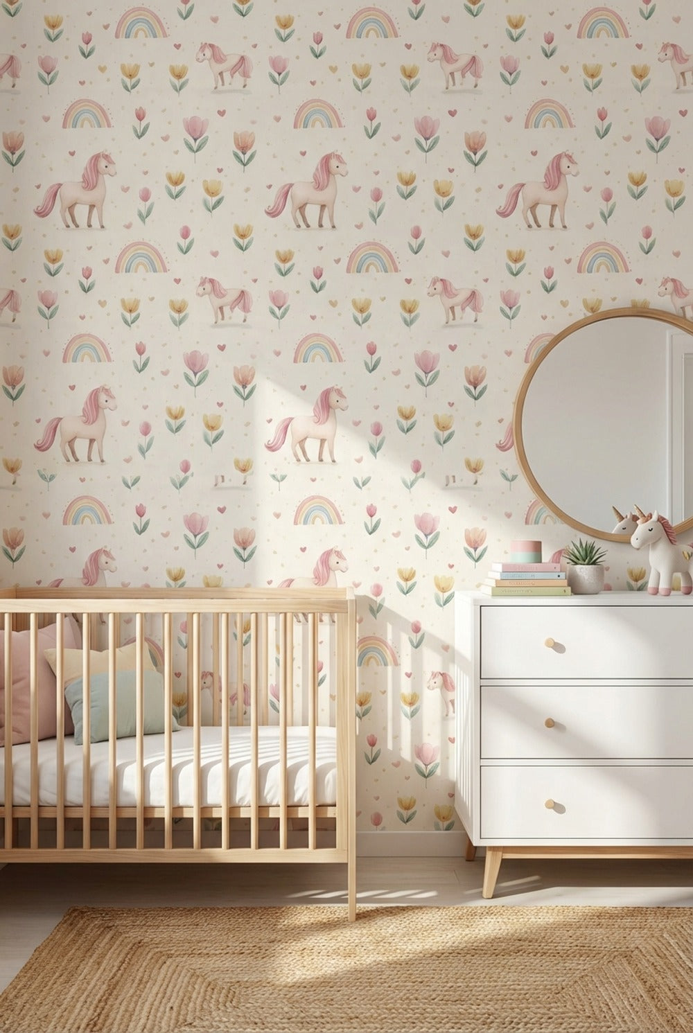 Gökkuşağı Unicorn Desenli Duvar Kağıdı Pastel Çocuk Odası