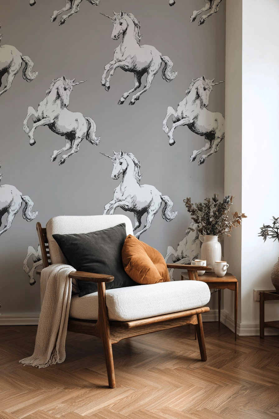 Unicorn Desenli Duvar Kağıdı Gri Zemin Çocuk Odası