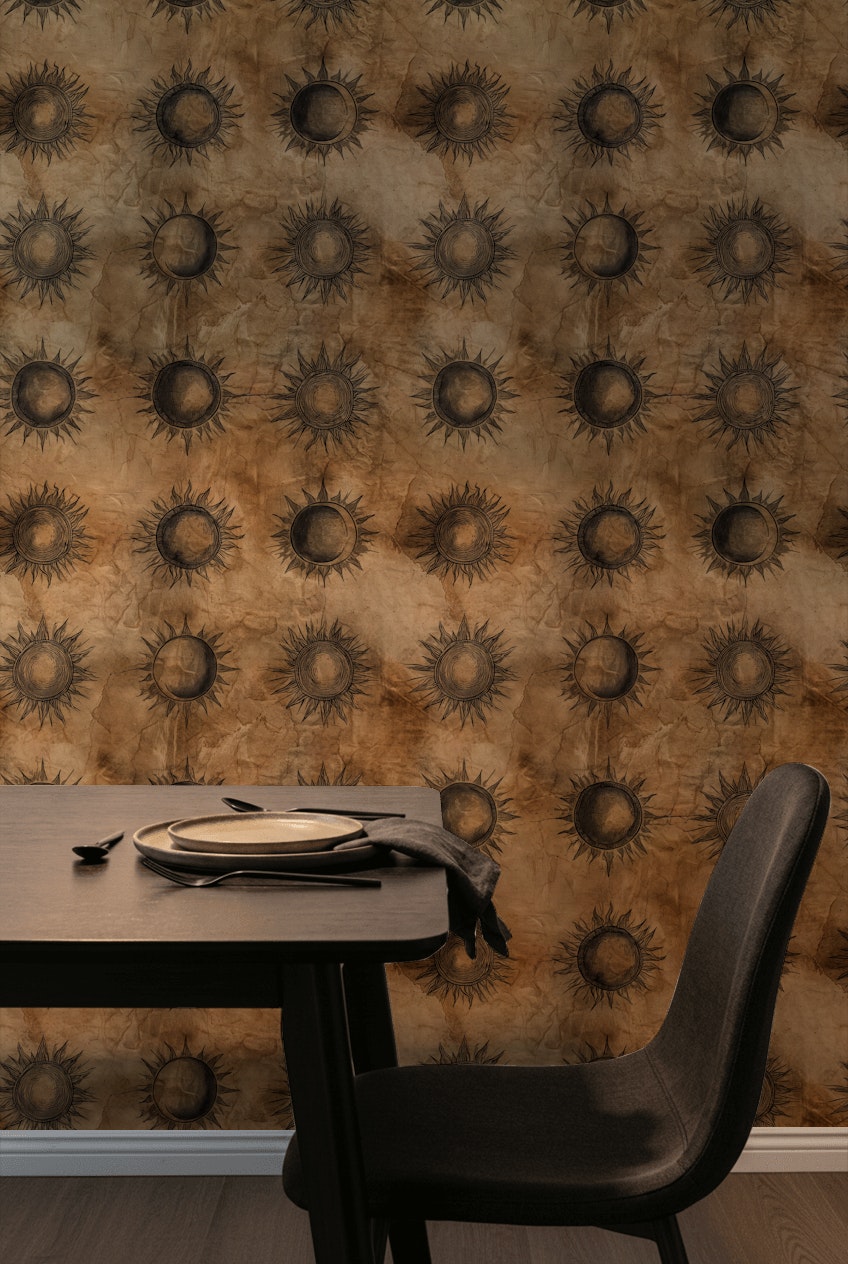 Güneş Motifli Duvar Kağıdı Kahverengi Vintage Desenli Salon