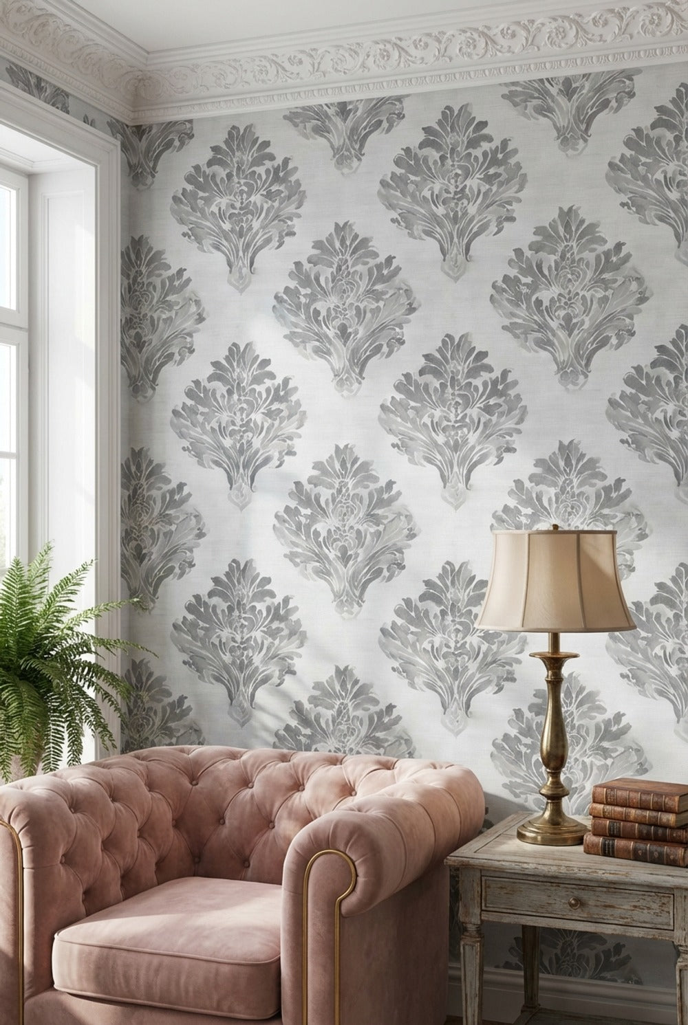 Klasik Damask Duvar Kağıdı Gri Krem Desenli Banyo
