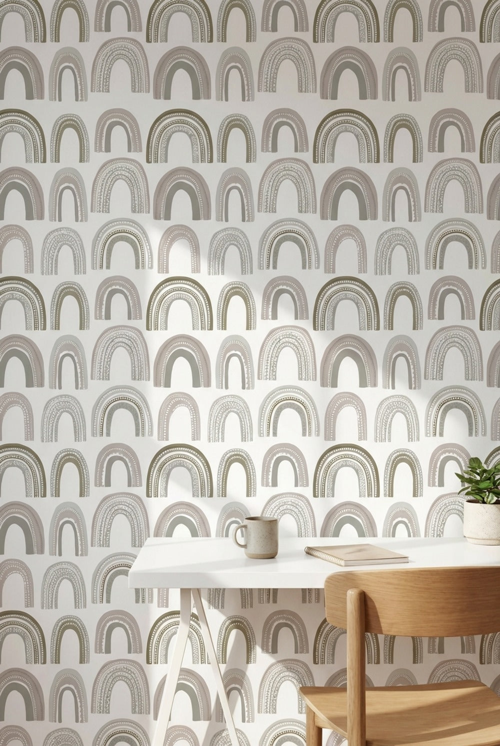 Boho Gökkuşağı Desenli Duvar Kağıdı Bej Gri Modern