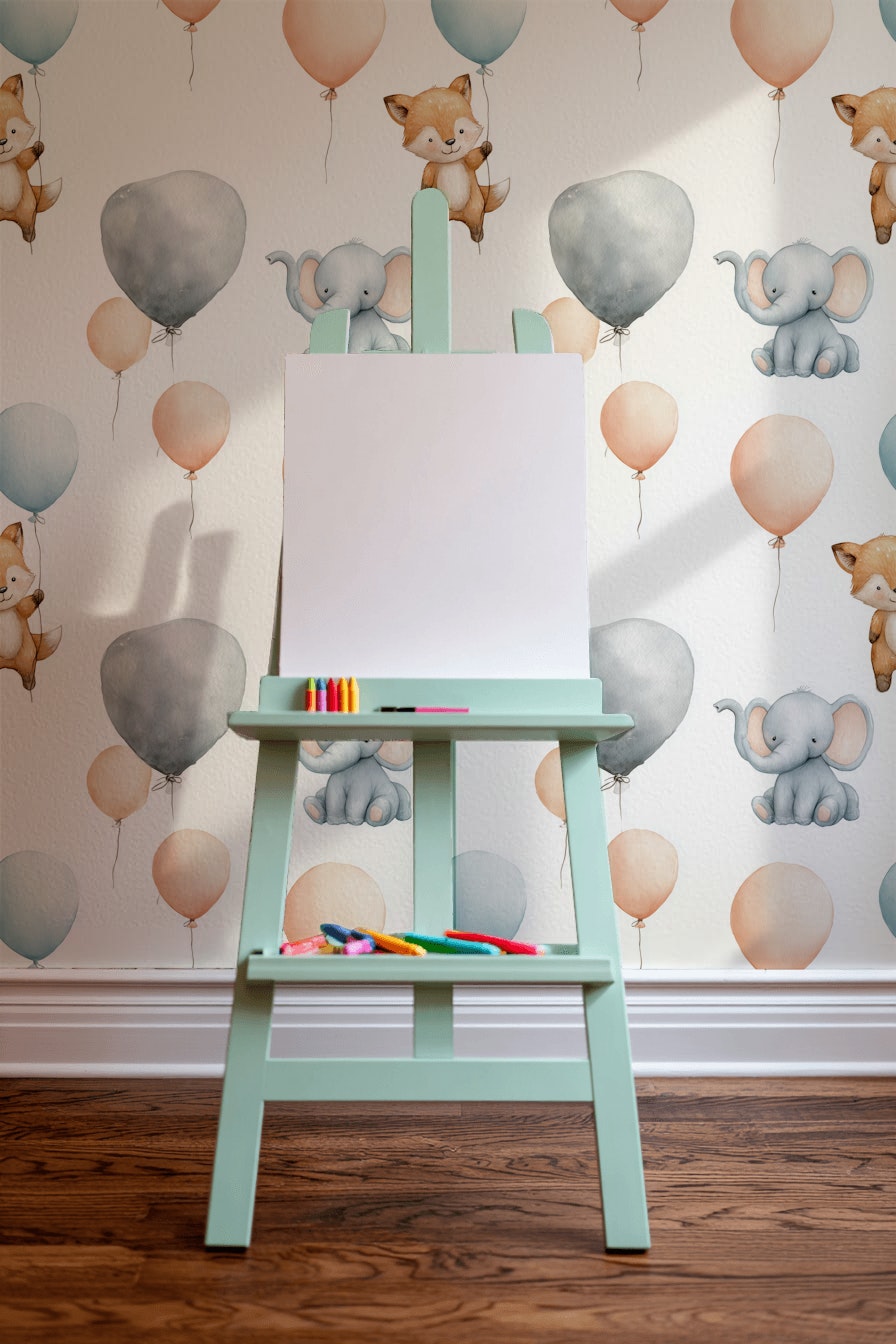 Balonlu Sevimli Hayvanlı Duvar Kağıdı Bebek Odası Pastel
