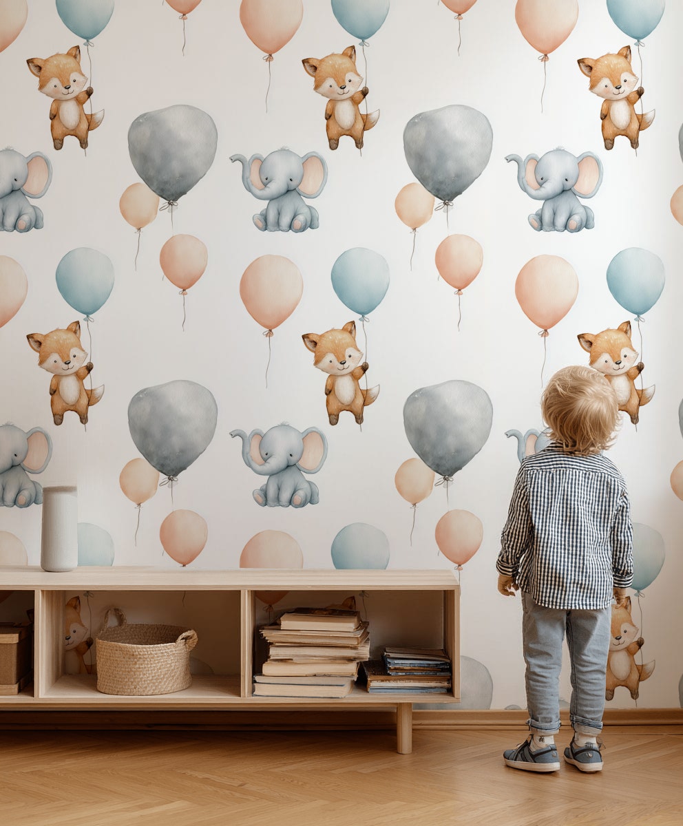 Balonlu Sevimli Hayvanlı Duvar Kağıdı Bebek Odası Pastel