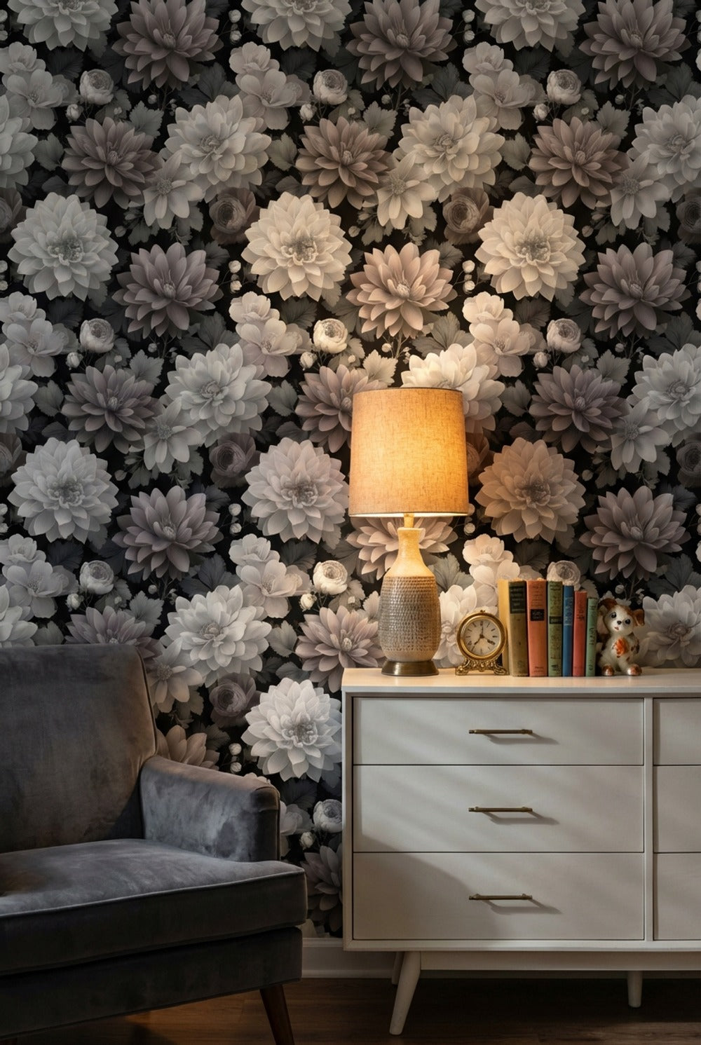 Siyah Zeminli Büyük Çiçek Desenli Duvar Kağıdı Salon