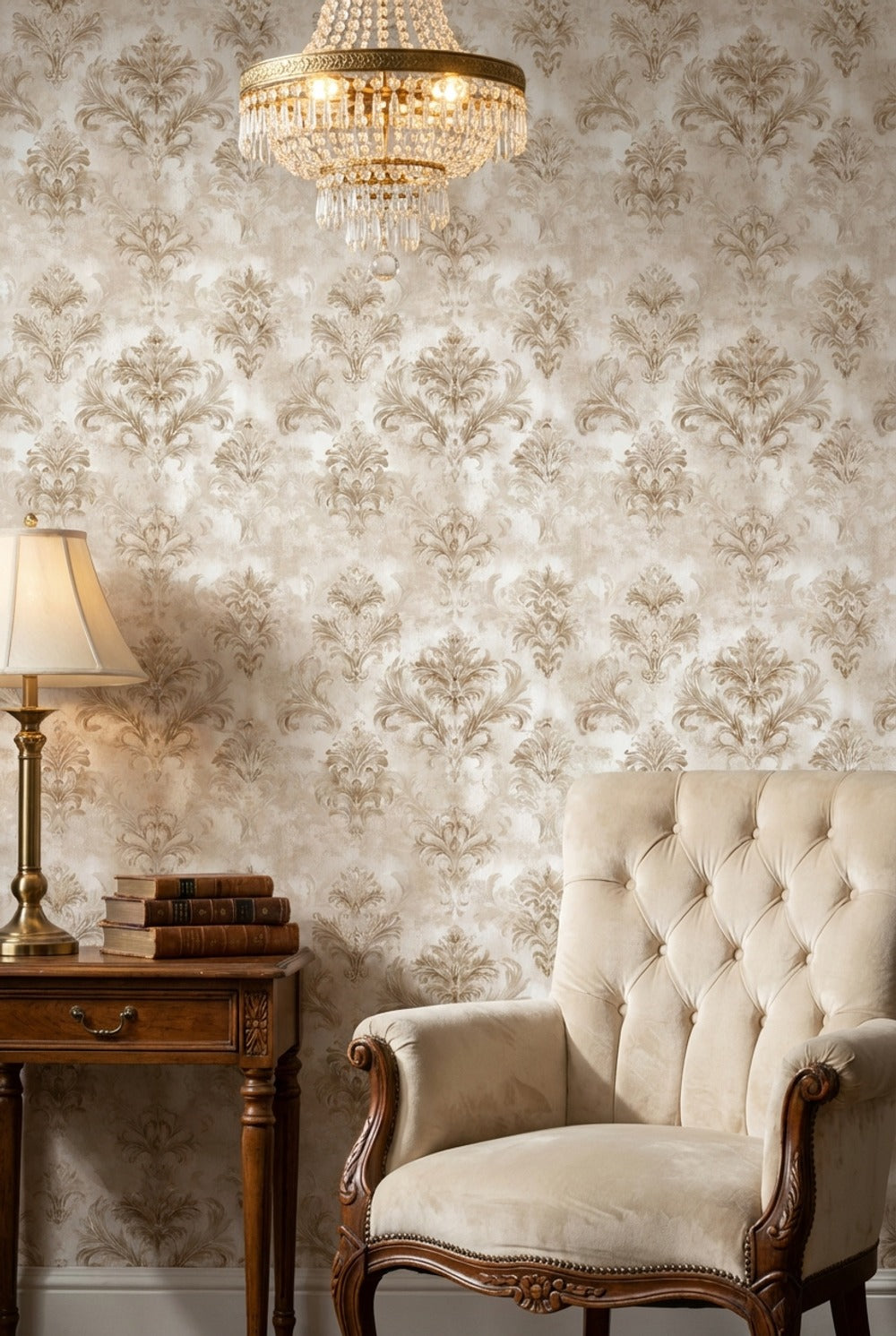 Klasik Damask Desenli Duvar Kağıdı Bej Krem Salon