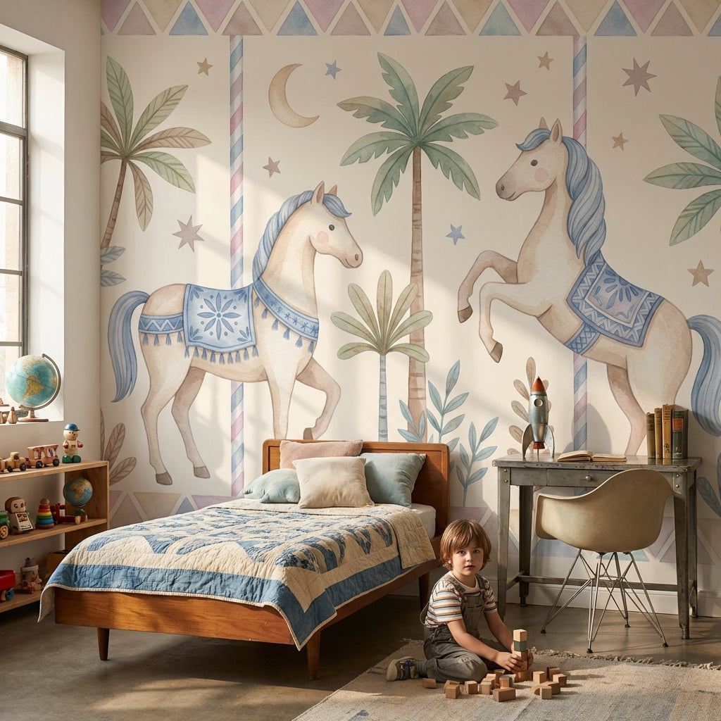 Unicorn Atlı Poster Duvar Kağıdı Pastel Çocuk Odası