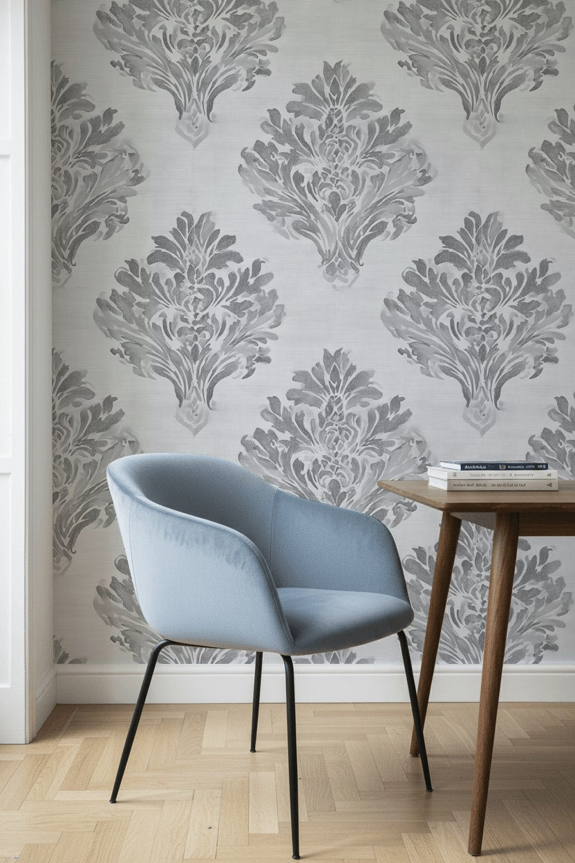 Klasik Damask Duvar Kağıdı Gri Krem Desenli Banyo