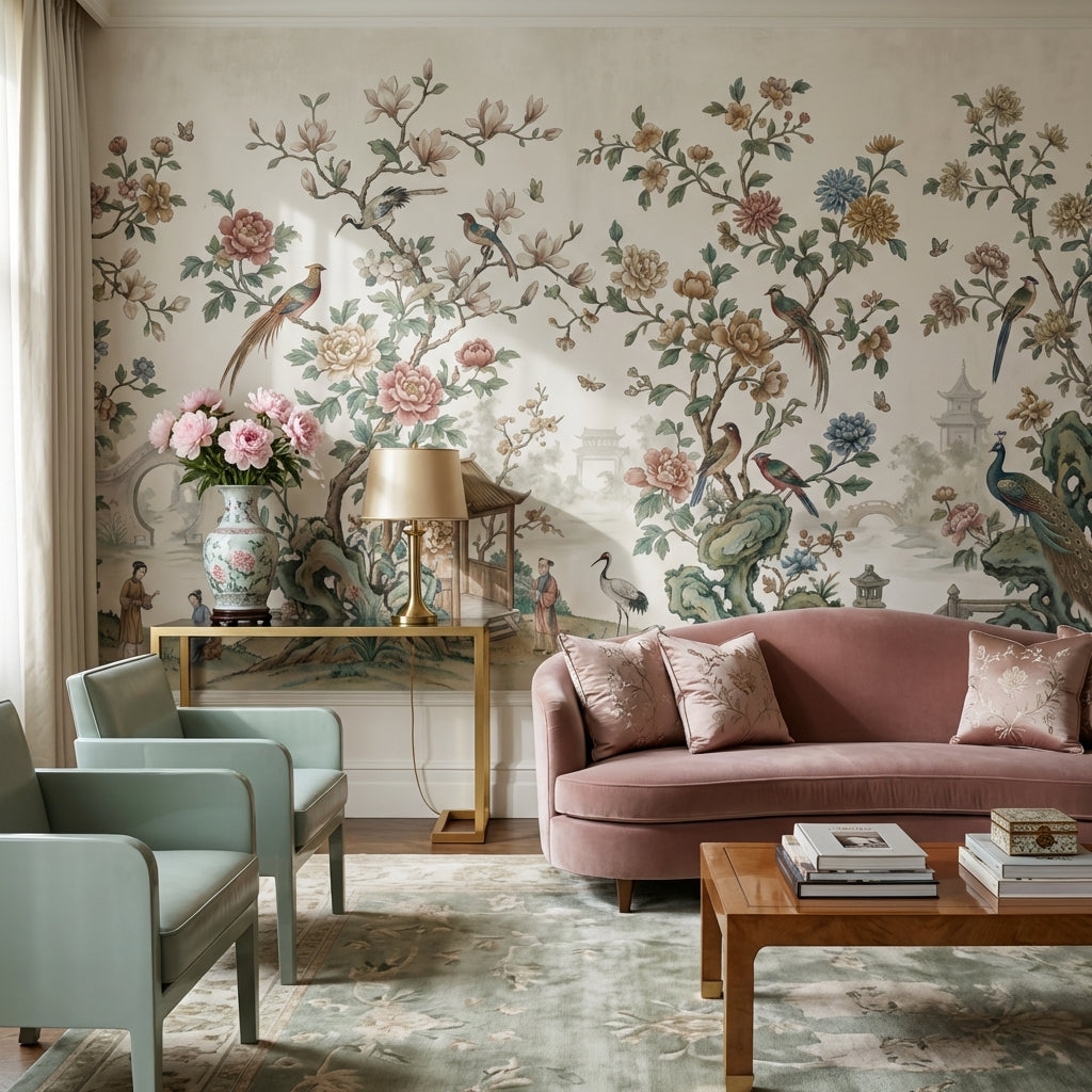 Çiçekli Kuşlu Chinoiserie Poster Duvar Kağıdı Bej Salon