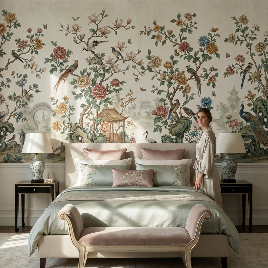 Çiçekli Kuşlu Chinoiserie Poster Duvar Kağıdı Bej Salon