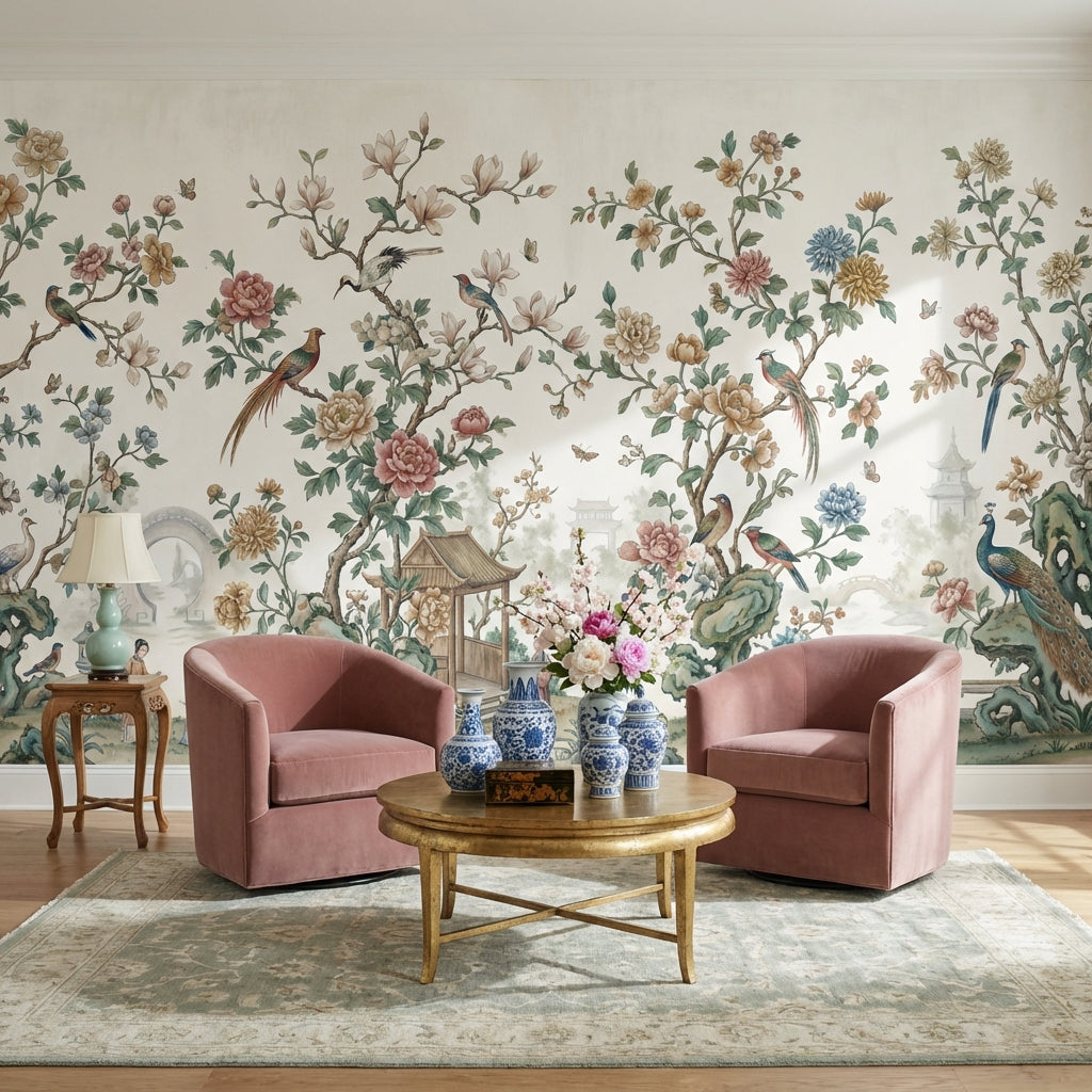 Çiçekli Kuşlu Chinoiserie Poster Duvar Kağıdı Bej Salon