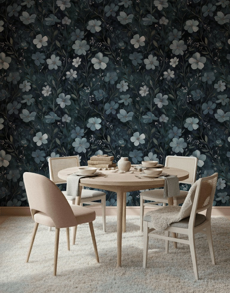 Koyu Mavi Çiçek Desenli Duvar Kağıdı Modern Salon