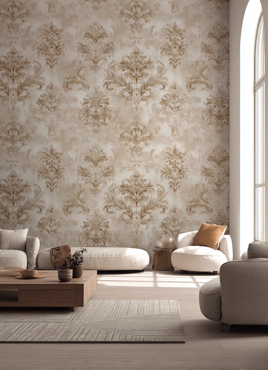 Klasik Damask Desenli Duvar Kağıdı Bej Krem Salon