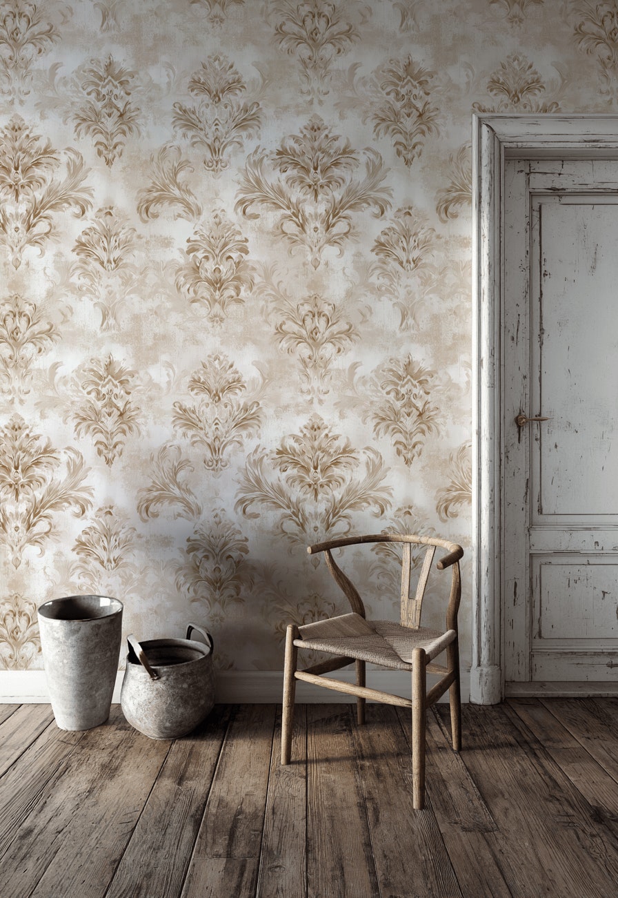 Klasik Damask Desenli Duvar Kağıdı Bej Krem Salon