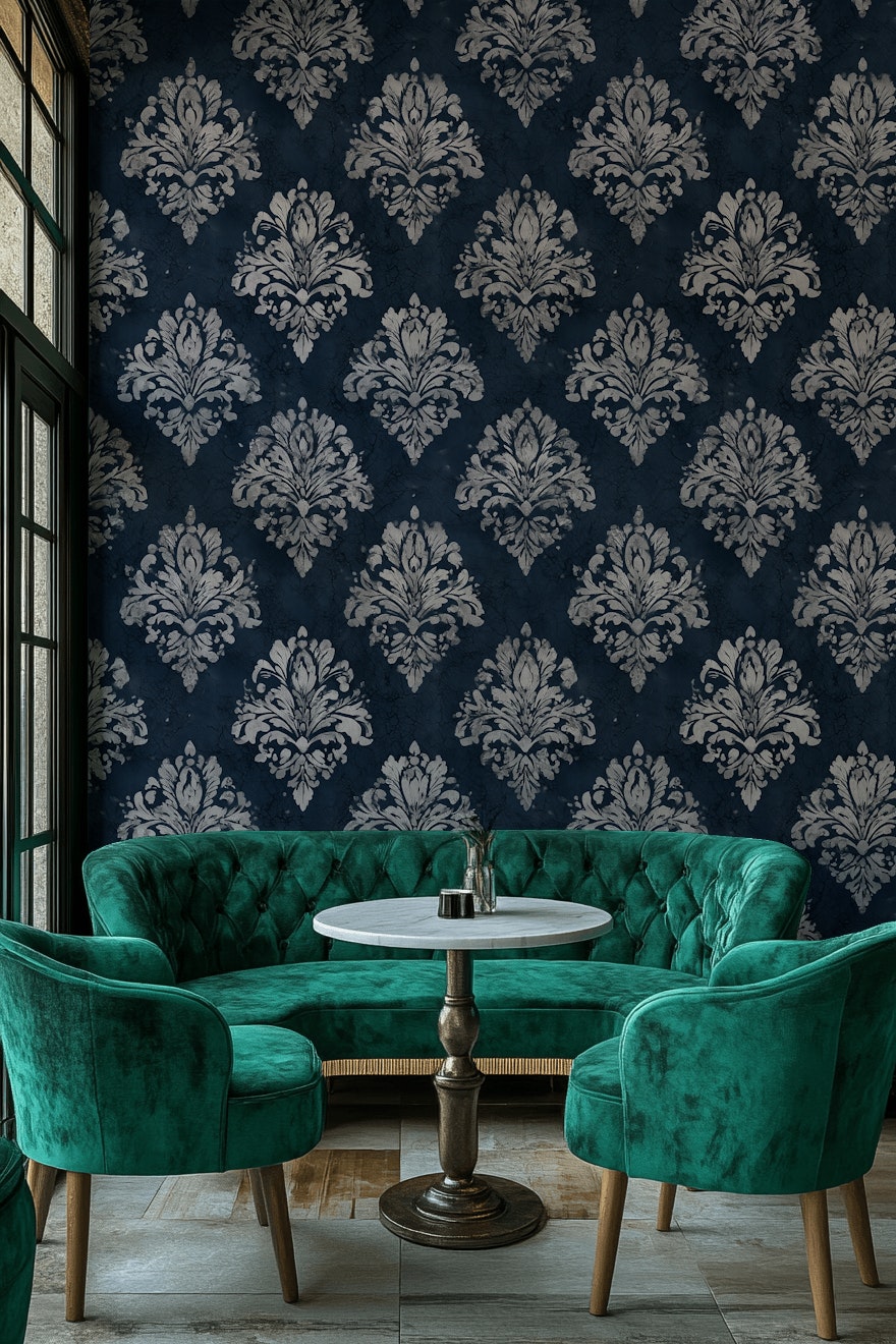 Lacivert Damask Desenli Duvar Kağıdı Klasik Salon Dekoru