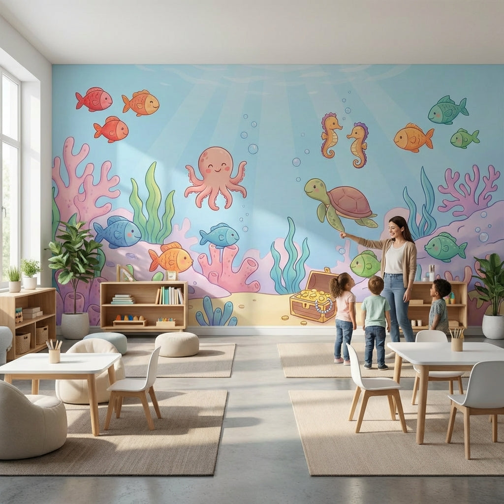 Deniz Altı Hayvanlı Poster Duvar Kağıdı Çocuk Odası Pastel