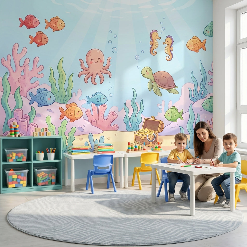 Deniz Altı Hayvanlı Poster Duvar Kağıdı Çocuk Odası Pastel