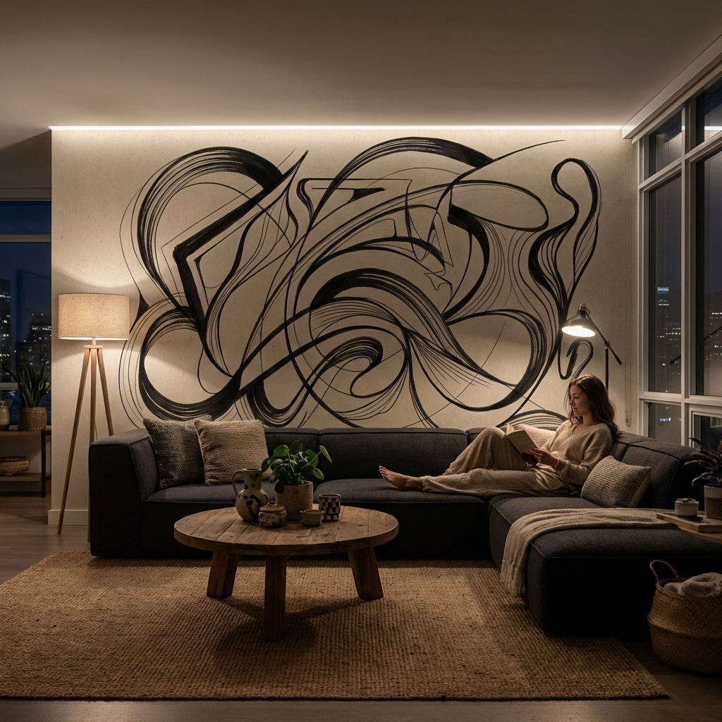 Siyah Beyaz Soyut Çizgili Poster Duvar Kağıdı Modern Salon