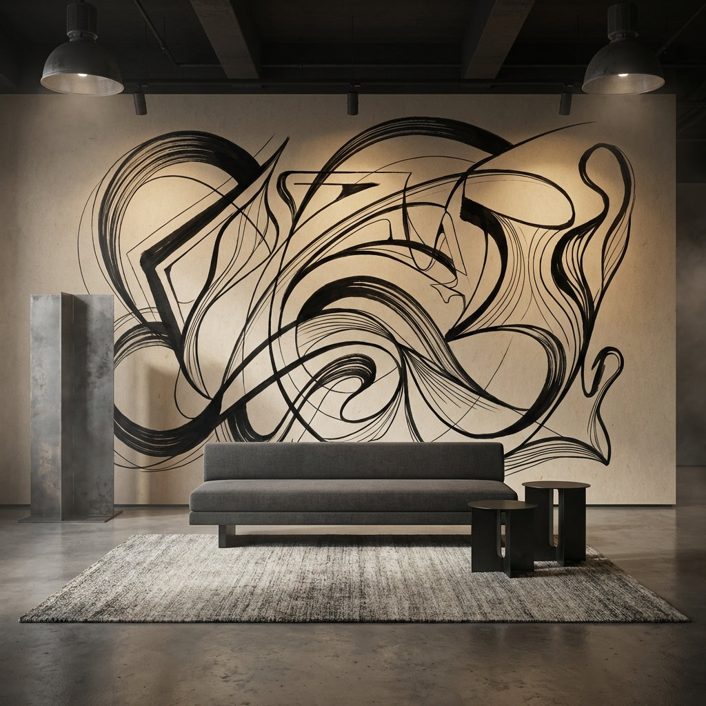 Siyah Beyaz Soyut Çizgili Poster Duvar Kağıdı Modern Salon