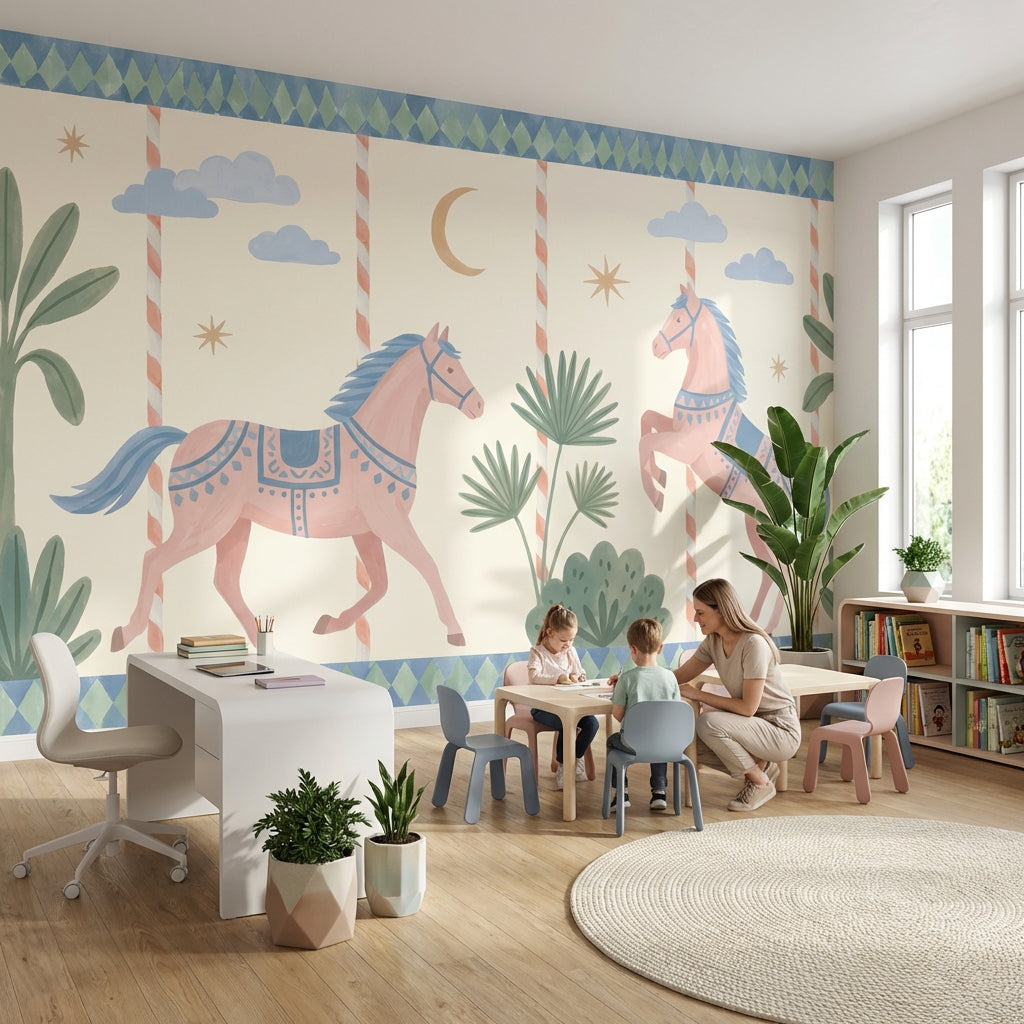 Atlı Karınca Desenli Poster Duvar Kağıdı Pastel Çocuk Odası