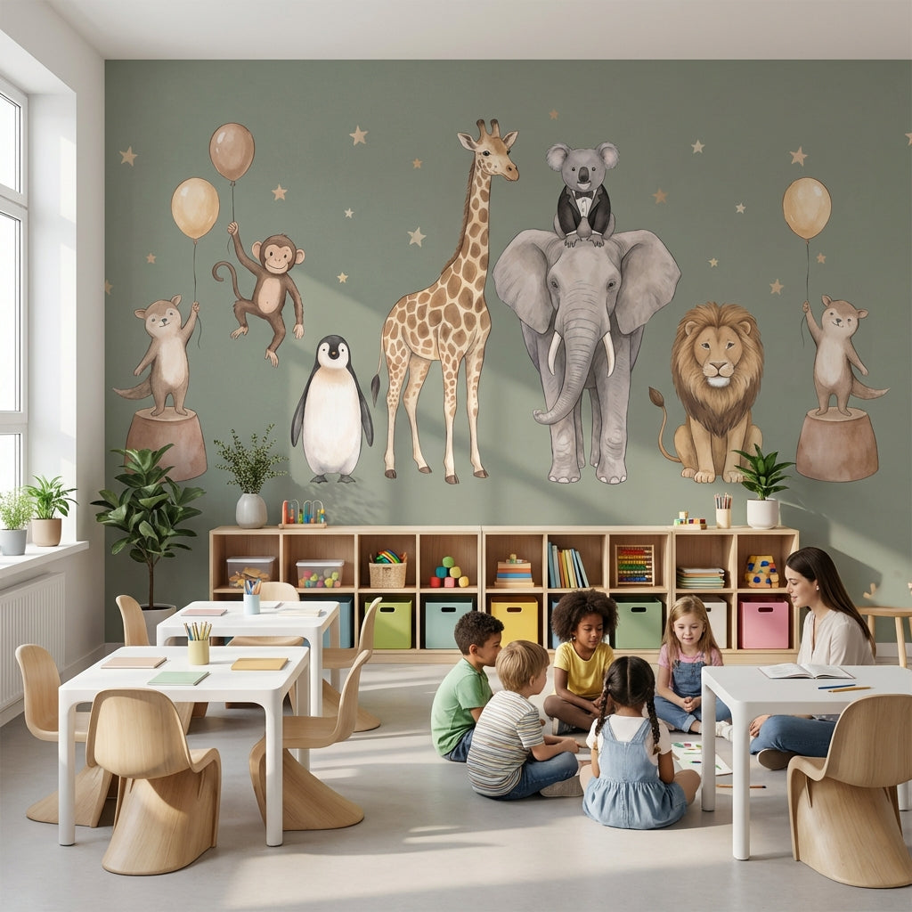 Safari Hayvanları Poster Duvar Kağıdı Yeşil Çocuk Odası Desenli