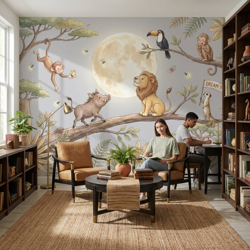 Safari Hayvanlı Poster Duvar Kağıdı Ay Temalı Çocuk Odası