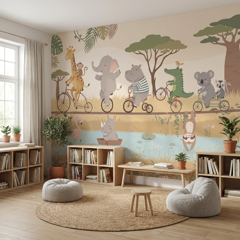 Safari Hayvanlı Poster Duvar Kağıdı Pastel Çocuk Odası Desenli