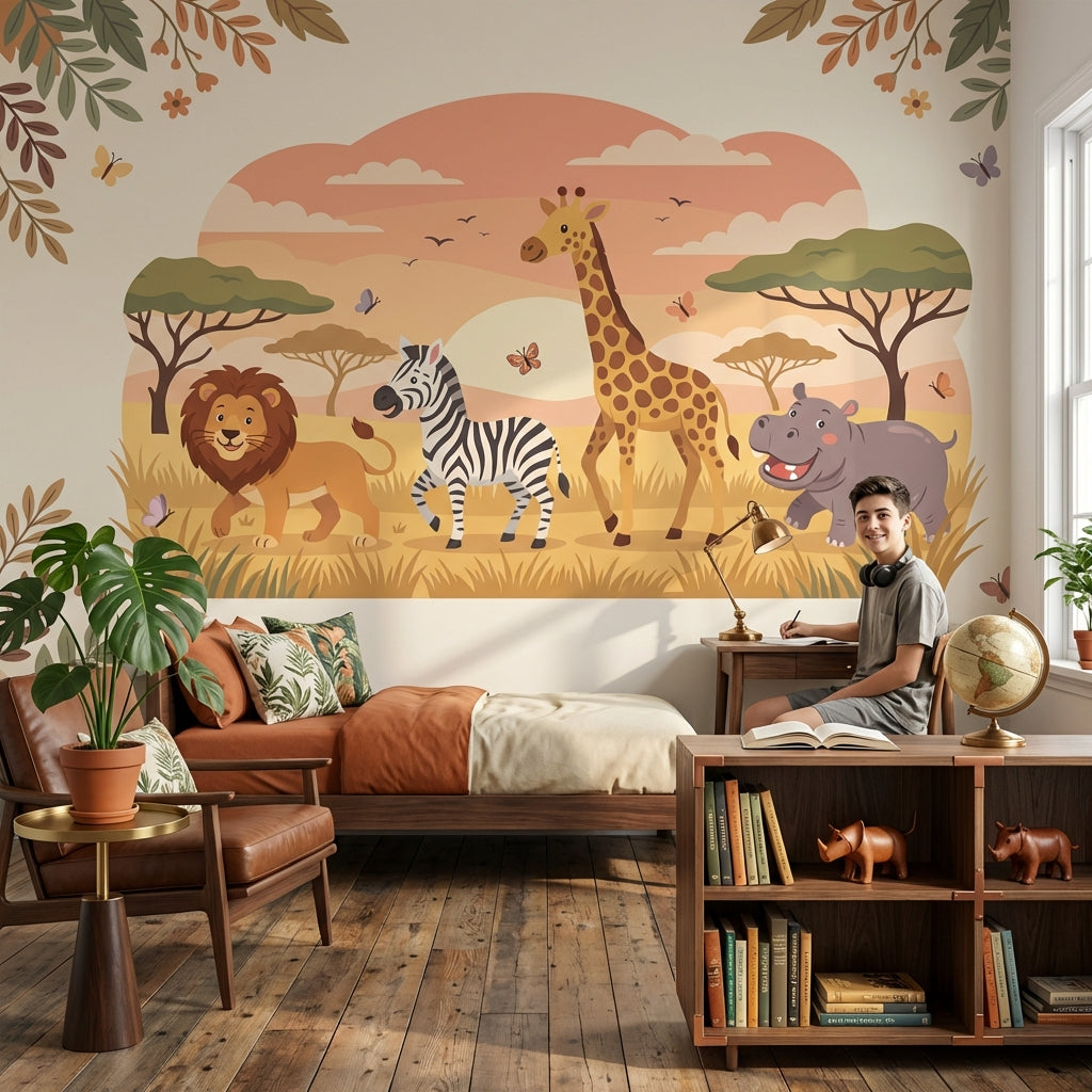 Safari Hayvanlı Poster Duvar Kağıdı Çocuk Odası Pastel Desenli