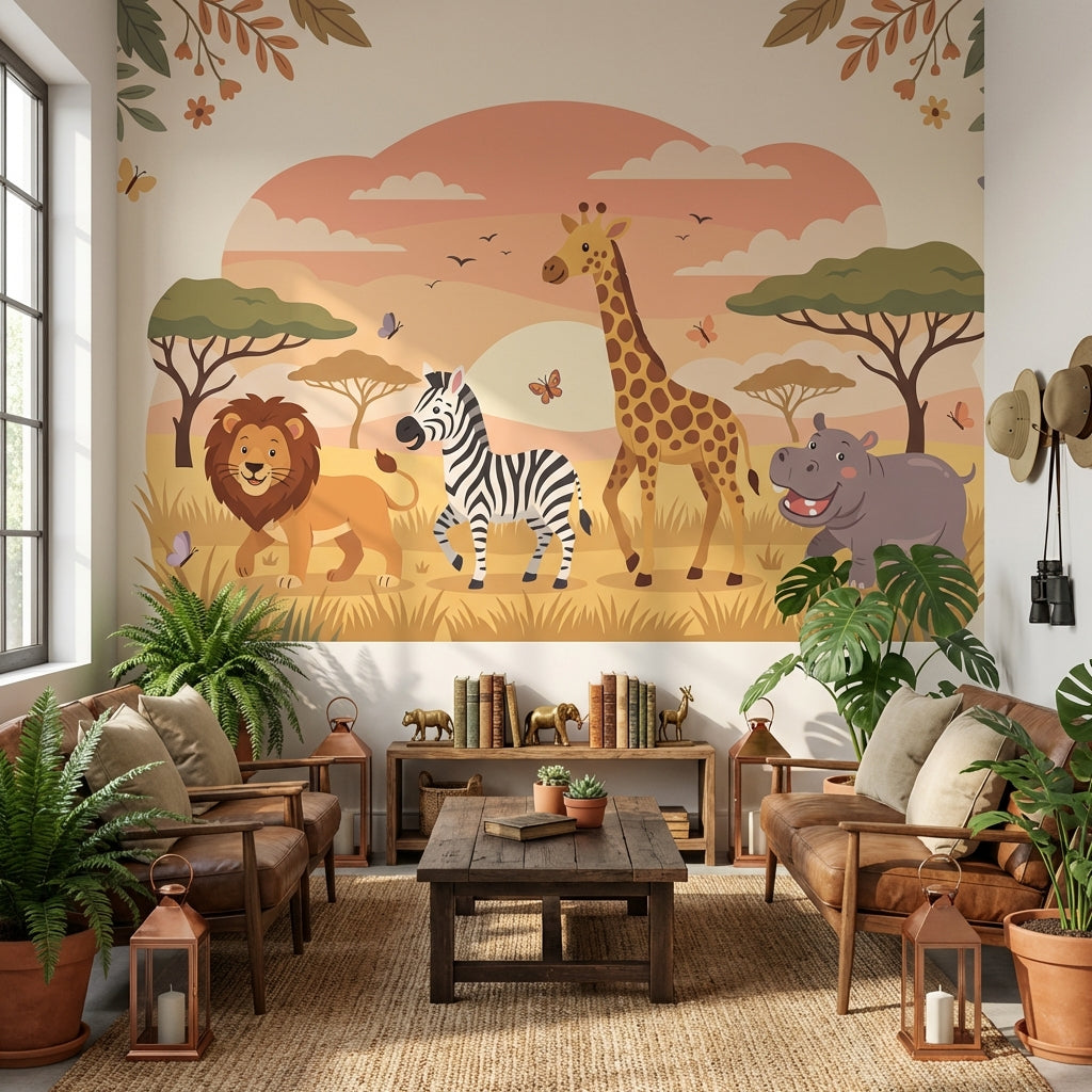 Safari Hayvanlı Poster Duvar Kağıdı Çocuk Odası Pastel Desenli
