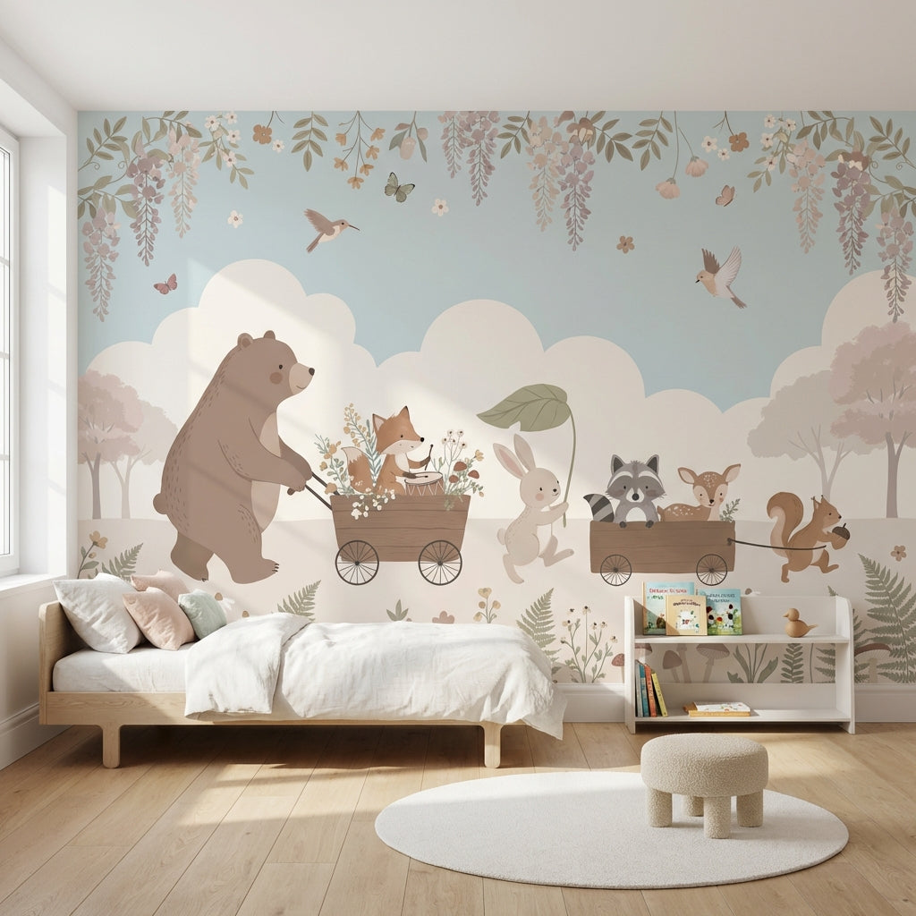 Orman Hayvanlı Poster Duvar Kağıdı Pastel Çocuk Odası Desenli